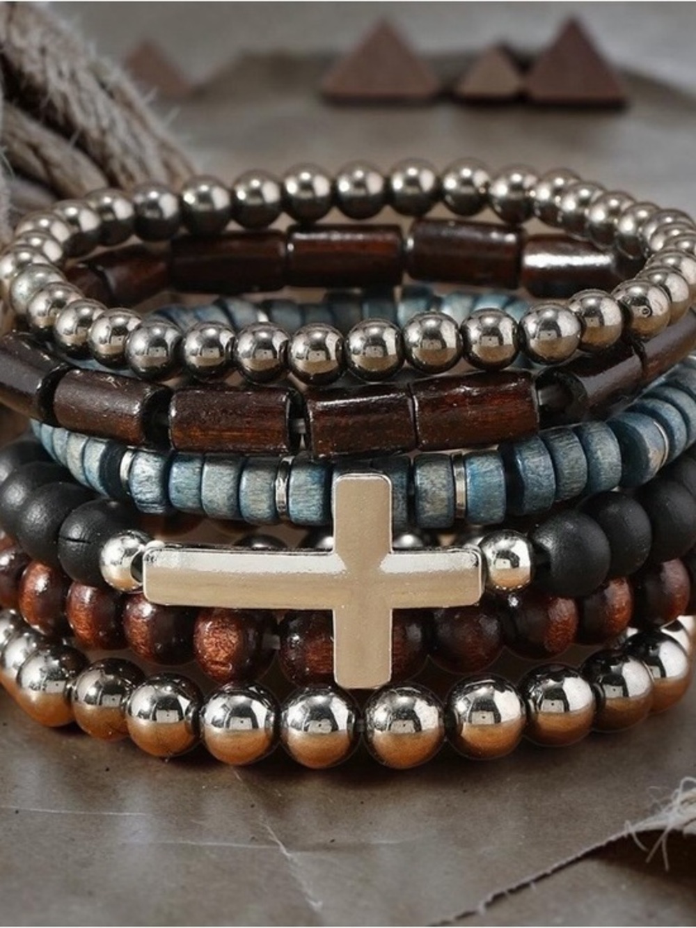 Multi-Row Women's Beaded Bracelet Stack with Cross Accent - Silver, Brown & Blue